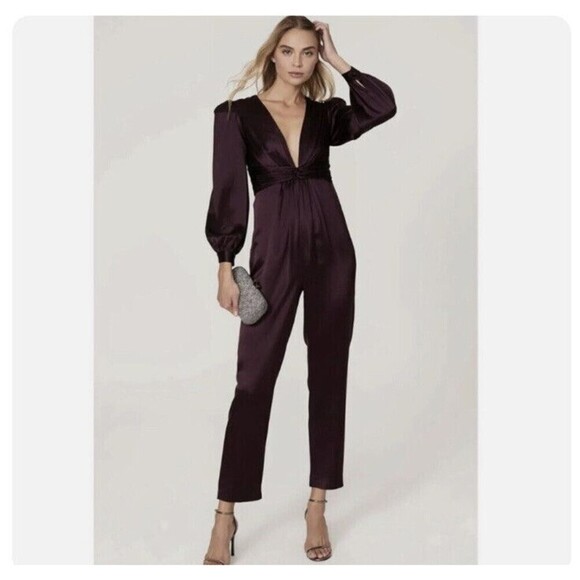 MAC DUGGAL IEENA Plunge V-Neck Long Sleeve Satin Jumpsuit in Plum Purple Size 8
